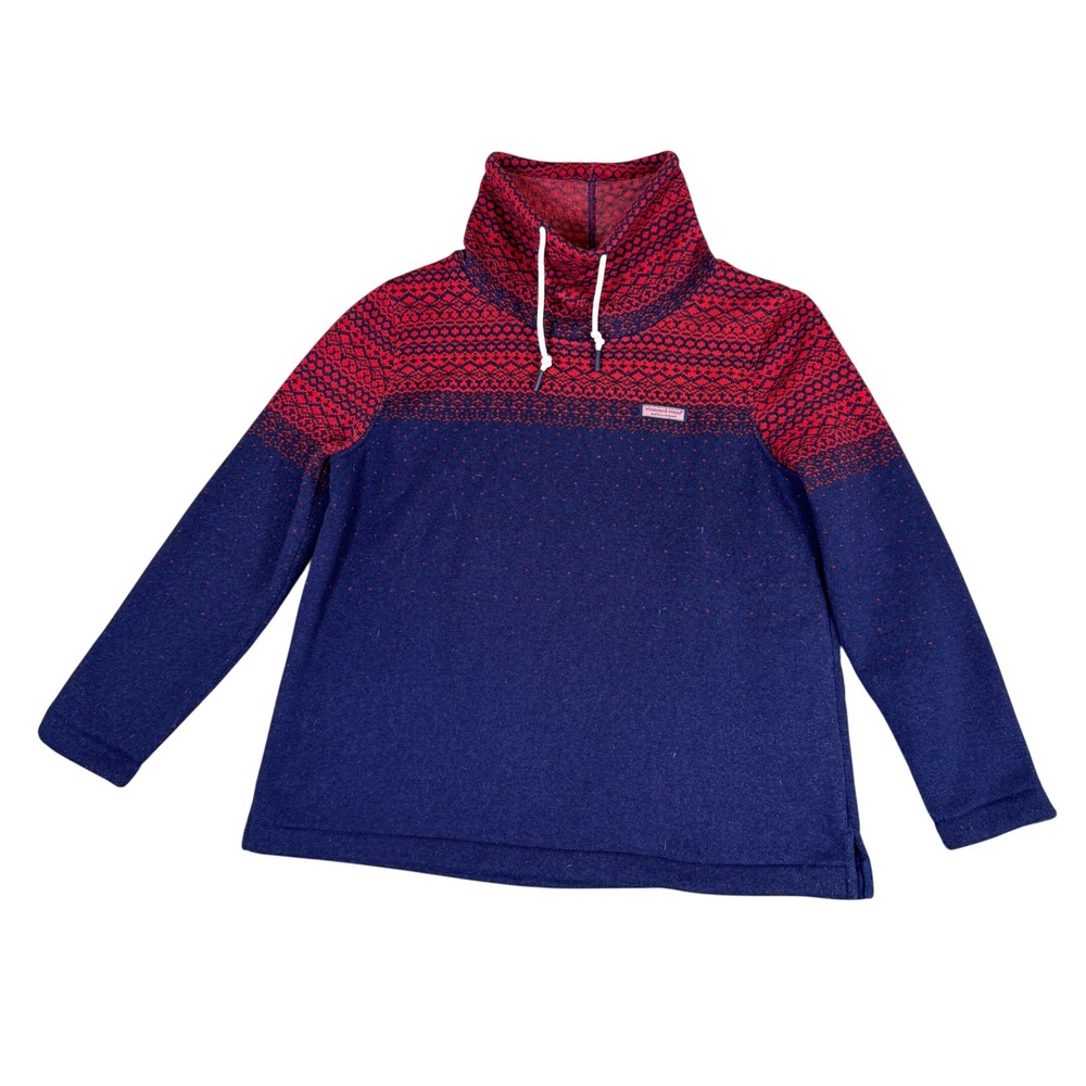Vineyard Vines Shep Shirt Navy Red Fair Isle Funnel Neck Pullover Women's L
